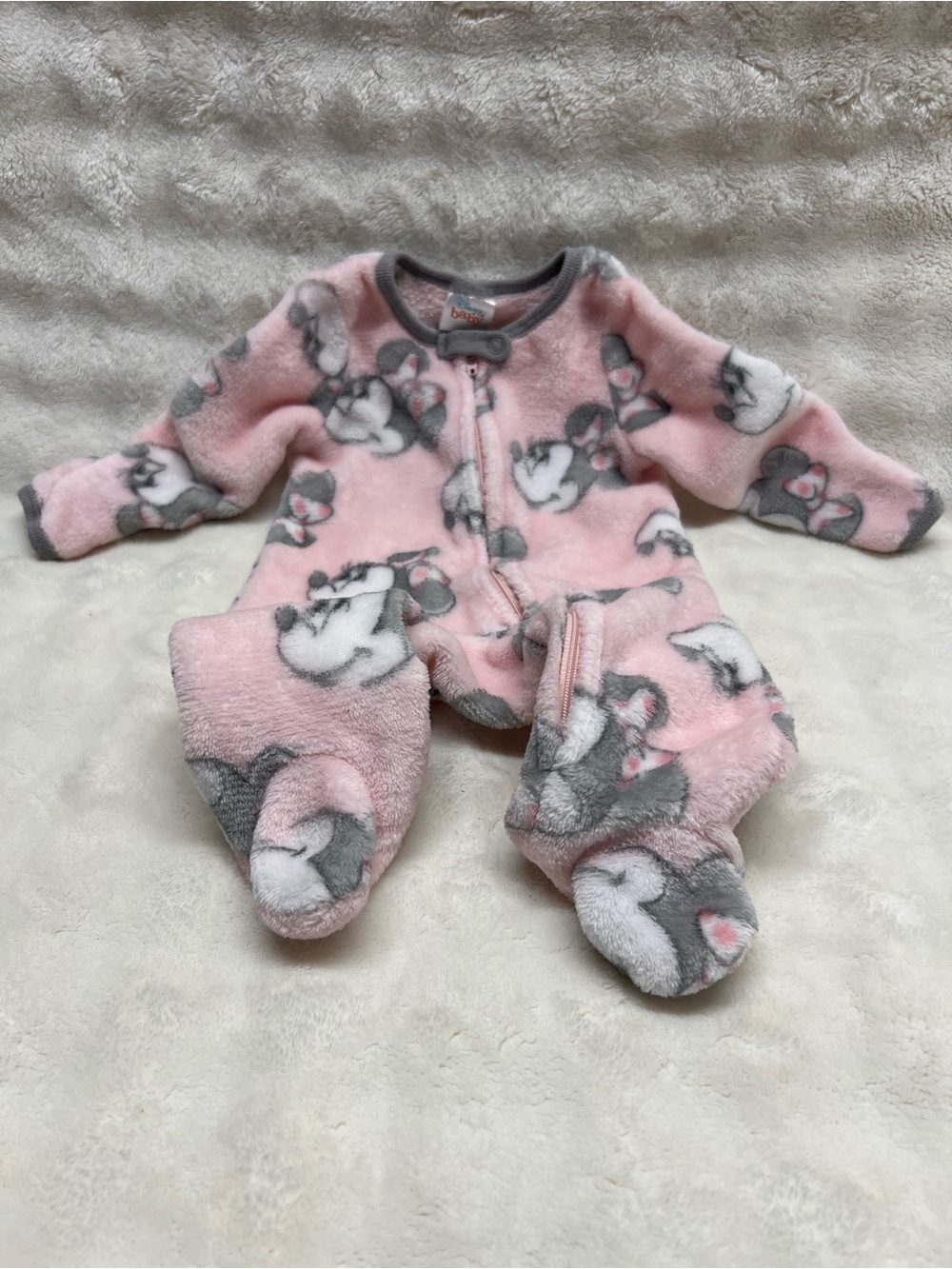 Disney Pink Plush Minnie Mouse Footed Sleeper with Gray Accents